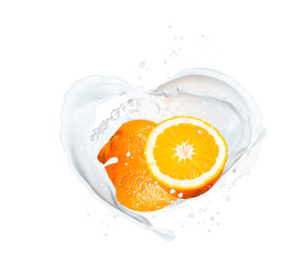 Milk splash with orange isolated on white background. 