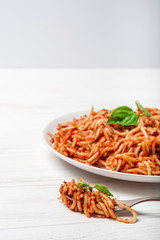Italian spaghetti with a bolognese tomato meat sauce and basil in a plate. Copy space. Italian food concept.