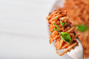Italian spaghetti with a bolognese tomato meat sauce and basil in a plate. Copy space. Italian food concept.