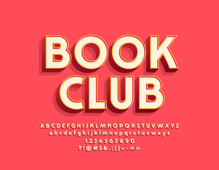 Vector stylish Emblem Book Club. Cool Font. Bright 3D Alphabet Letters, Numbers and Symbols