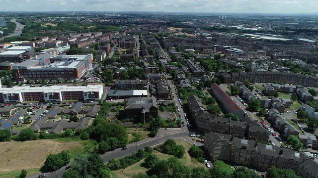 Aerial footage over Glasgow looking East from the East end of the city.