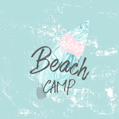 Cute vector Summer illustration with surf board and calligraphic text on seascaped shape of heart background. Tropical summer old fashionedl sticker or sign border