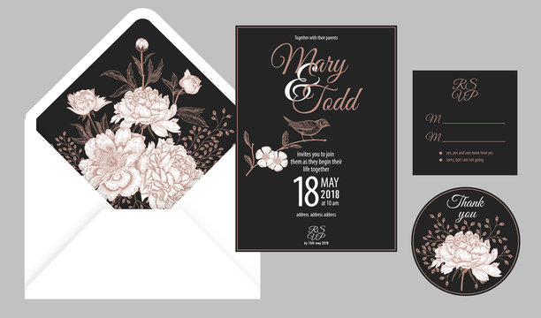 Invitations, thank you, rsvp templates cards and cover with flowers and bird.