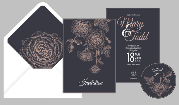 Invitations, thank you, rsvp templates cards with flowers roses.