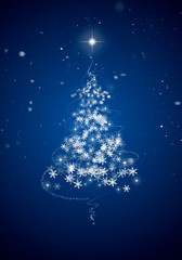 Illustration of a blue and white Christmas tree and snowflake pattern, textured abstract background.