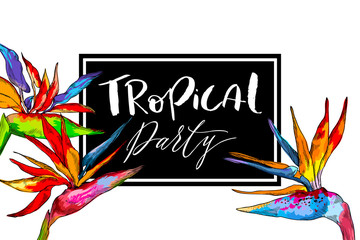 Tropical illustration for party invitation design, banner, print. Vector bright colorful strelitzia with black frame. Tropical party inscription.