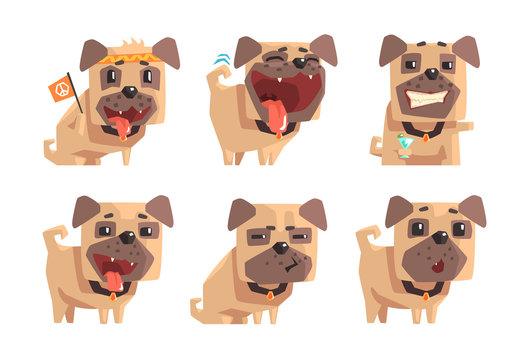 Flat vector set of pug dog showing various emotions. Domestic animal with funny muzzle. Home pet. Stickers for social network