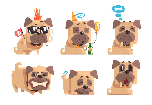 Flat vector set of funny pug with different emotions. Home pet. Cartoon domestic animal. Design for print, sticker or greeting card