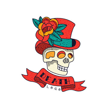 Human skull in top hat with flowers, ribbon and word Death, classic American old school tattoo logo design