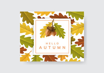 Autumn frame with acorn and oak leaf. Vector illustration on geometric frame with fall colors and leaf texture background
