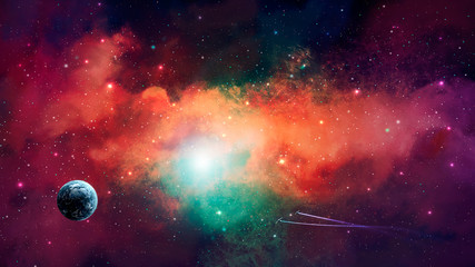 Obraz na płótnie Canvas Space scene. Colorful nebula with Earth planet and spaceships. Elements furnished by NASA. 3D rendering