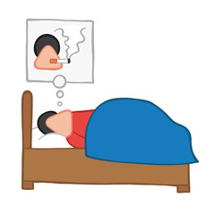 Vector cartoon man sleeping and smoking cigarette in his dream