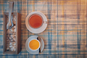 top view of tea with sugar;