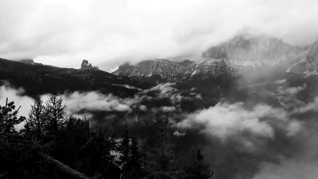 Time lapse of clouds rolling over Cinque Torri (Five Towers) in Cortina d'Ampezzo, in the Dolomites, Italy