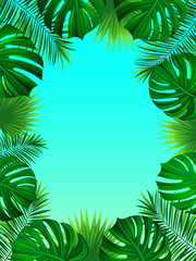 Fototapeta na wymiar Exotic tropical frame with jungle plants, palm leaves, monstera and place for your text. Nature background. Vector tropic design. Trendy bright gradient colors. Travel, summer, holiday, vacation card