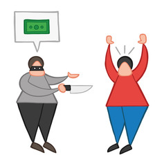 Vector cartoon thief man with face masked with knife and want money from other man