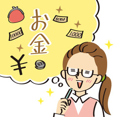 お金に関することを想像する事務服の女性