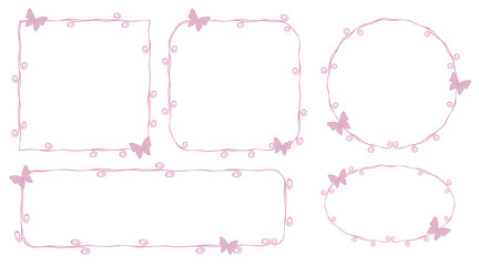 thin pink princess frame outlines contours lines beauty with little pink butterflies curls spirals cute simple geometric square circle oval objects isolated on white background