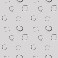 thin black strokes circles squares comics drawing lines elements by hand simple geometric seamless pattern on a light gray background