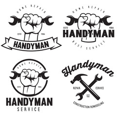 Handyman labels badges emblems and design elements. Tools silhouettes. Carpentry related vector vintage illustration.