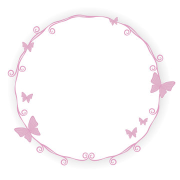 thin pink princess border frame stroke beauty with little pink butterfly curls spiral cute simple geometric circle with shadow objects isolated on white background