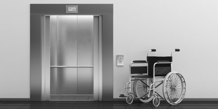 Wheelchair Empty And Elevator With Open Doors. 3d Illustration