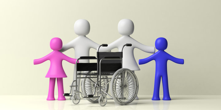 Wheelchair and plastic human family isolated on yellow background. 3d illustration