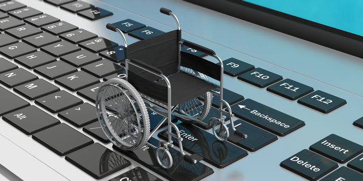 Wheelchair empty on computer keyboard. 3d illustration