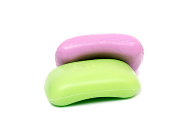 Soap in soap dish isolated on a white background. Flat lay top view