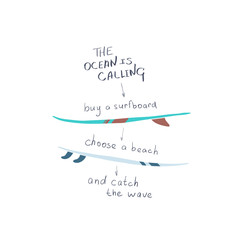 Motivating vector illustration of a surfboard with the words. Lettering.