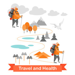 Funny cartoon man engaged in hiking to lose weight. Vector illustration on white background.