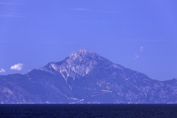 The landscape with Mount Athos seen from the Sithonia Peninsula