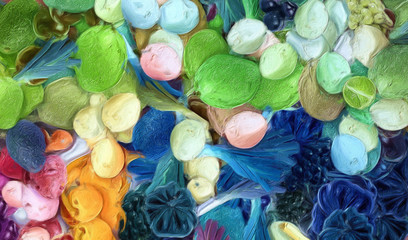 Abstract art background. Oil painting style vegetables. Warm colorful texture. Soft paint brushstrokes. Modern art. Contemporary artistic print. Template for design products decoration. Organic decor.