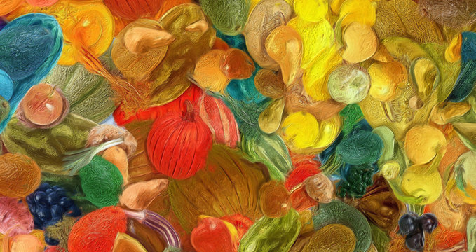 Abstract art background. Oil painting style vegetables. Warm colorful texture. Soft paint brushstrokes. Modern art. Contemporary artistic print. Template for design products decoration. Organic decor.