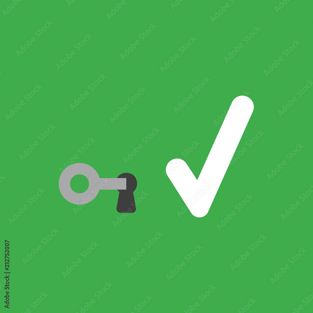 Poster vector icon concept of key into keylock and check mark on green background