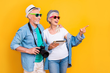 Dream jeans gps eyeglasses eyewear concept. Close up photo portrait of funny funky excited joyful laughing careless free gorgeous lady and gentleman hugging  sighseeing isolated background