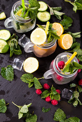 Mohito lime drinks on wood. Fresh drinks with fruits on wood. Summer concept.