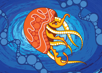Fototapeta premium Aboriginal art vector background depicting jellyfish. Illustration based on aboriginal style of dot painting.