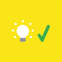 Vector icon concept of glowing light bulb with check mark on yellow background