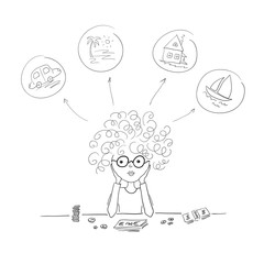 Girl sits at the table on which the money is lying and thinks in what currency to invest bitcoin, dollar, Euro or yen.