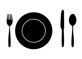 Icon Spoon, Fork, knife And Plate on Dining Table for food silhouette isolated Background..