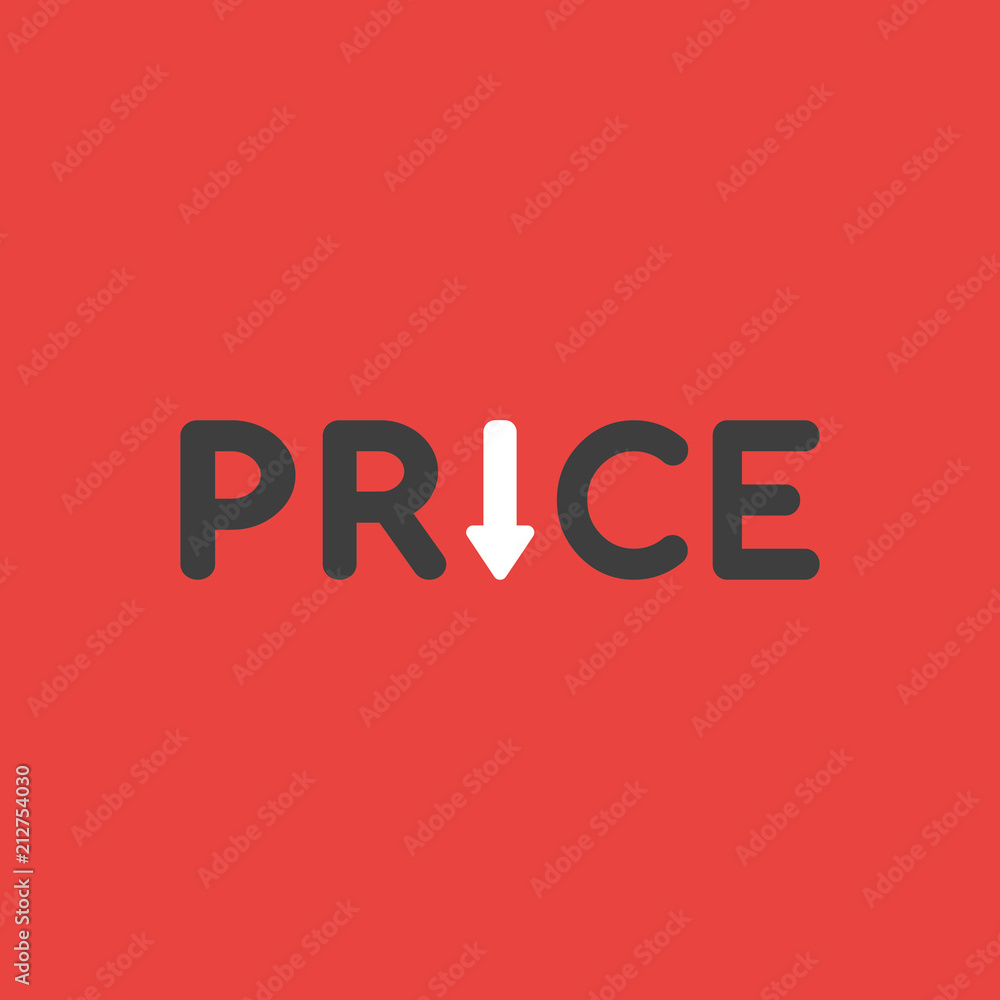 Poster vector icon concept of price word with arrow moving down on red background