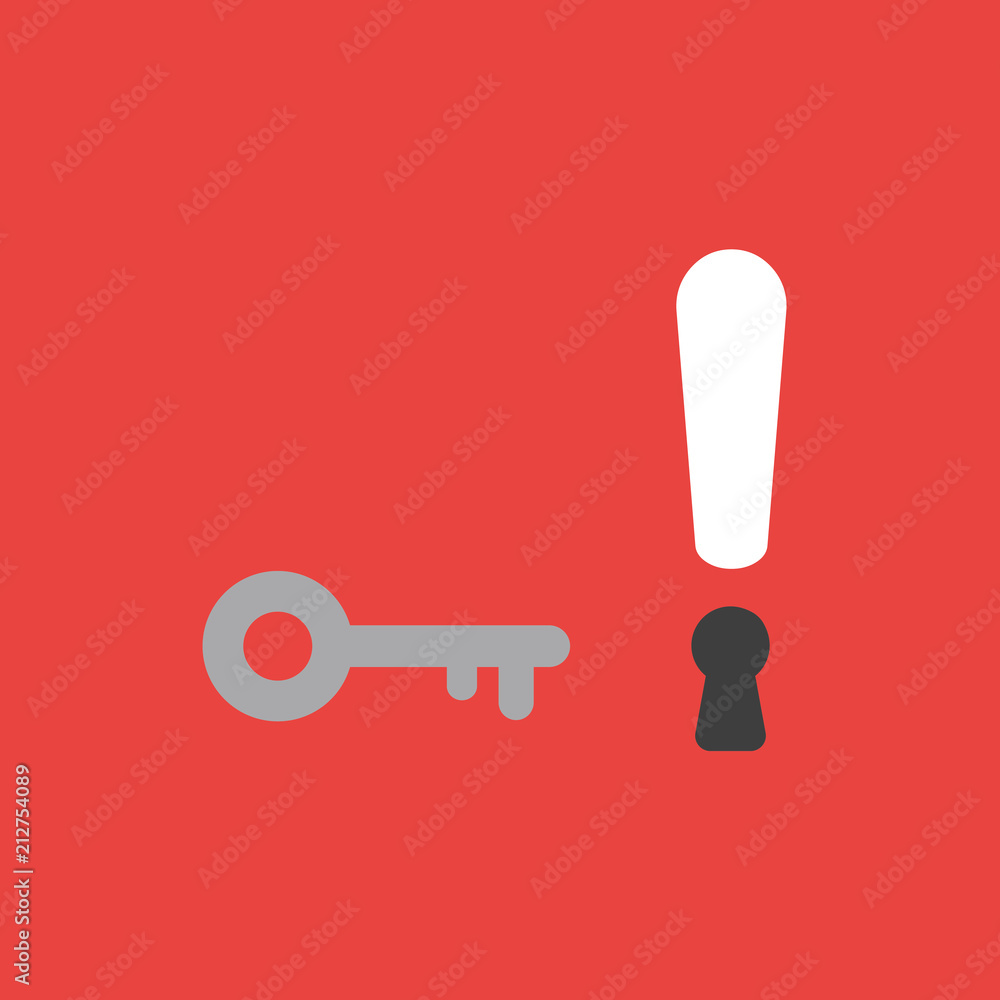 Poster vector icon concept of key and exclamation mark with keyhole on red background
