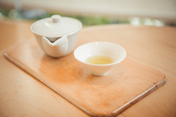 Japanese Sencha Tea Leaves. Top view with copy space