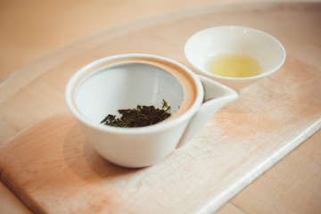 Japanese Sencha Tea Leaves. Top view with copy space