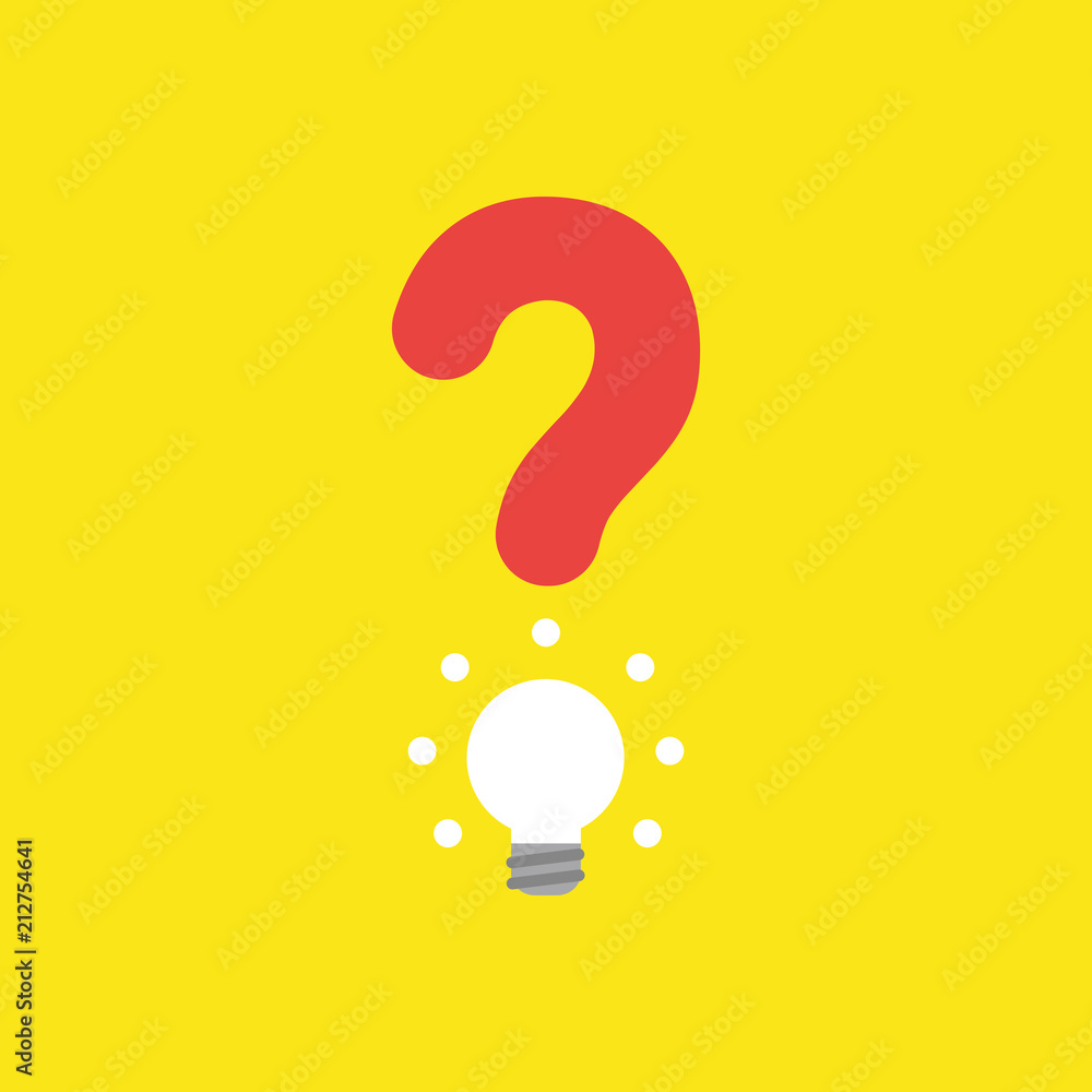 Poster vector icon concept of question mark with glowing light bulb on yellow background