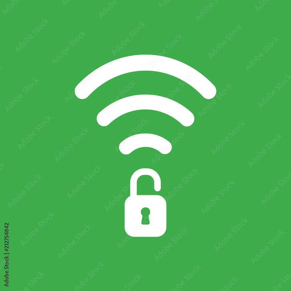 Poster vector icon concept of wireless wifi symbol with opened padlock on green background
