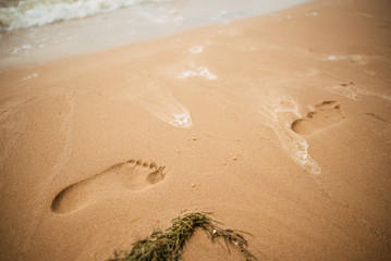 Footprints in the sand at sunset. Beautiful sandy tropical beach with sea waves. Footsteps on the shore.