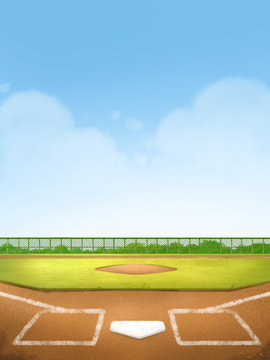 Digital illustration painting of baseball field for background, children's illustration styles.