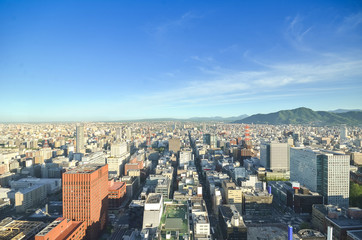 Fototapeta premium Sapporo Panorama Cityscape from JR Tower Observation Deck T38,Sapporo, Northern Japan.
